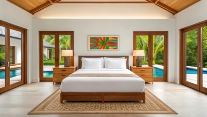 Modern Tropical Master Bedroom. Bedroom with Vaulted Ceiling and Pool. Vibrant Resort Bedroom with Nature View.