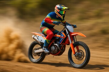 A motorcyclist in full gear speeds through a dusty terrain on an orange dirt bike
