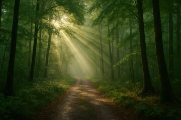 A Serene Forest Path Illuminated by Sunlight