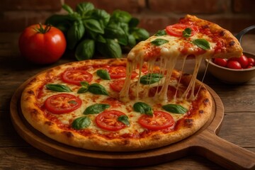 a freshly baked pizza with a perfectly melted cheese, ripe tomatoes, and basil leaves, ready to be savored
