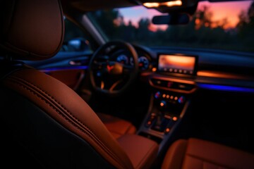 A Glimpse into a Luxury Car's Interior at Twilight