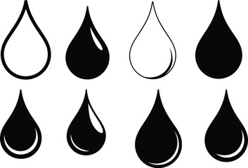 Water droplet silhouettes set, liquid drop icons, clean water symbol vector, environmental graphic design, cad drawing flat vector illustration, isolated teardrop outline shapes