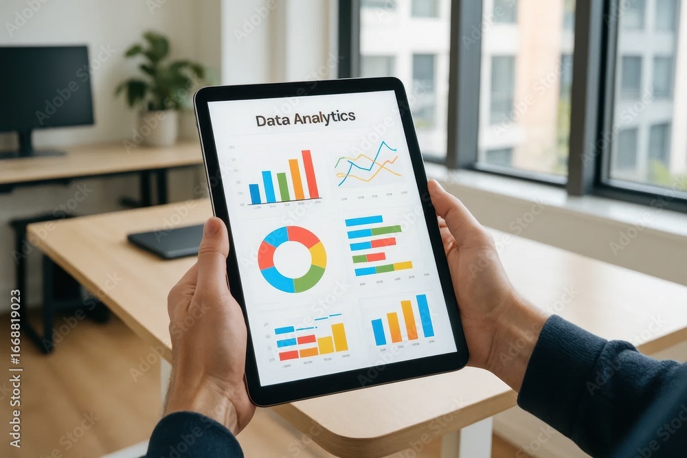 Poster a hand holds a tablet displaying colorful charts and graphs