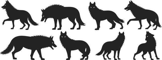 Wolf silhouette vector pack, black wild animal poses, walking, crouching, standing, detailed fur outline, flat editable illustration, cad drawing style