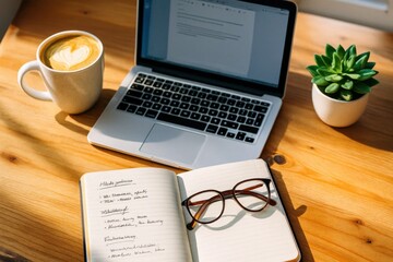 Obraz premium A serene workspace setup with a laptop, notebook, and coffee cup on a wooden desk, accompanied by a potted plant