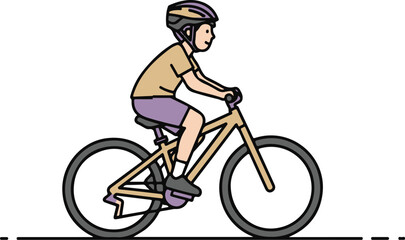 Obraz premium Simple line art illustration of a person wearing a helmet and casual clothes riding a bicycle, side view.