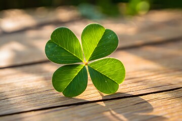 Green Four Leaf Clover on Wooden Background