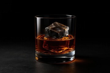 An elegant glass of whiskey chilled with ice, set against a dark backdrop, evoking a sense of sophistication and indulgence