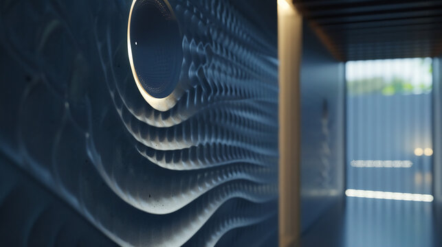 Futuristic metal tunnel featuring repeating geometric patterns and soft reflections.