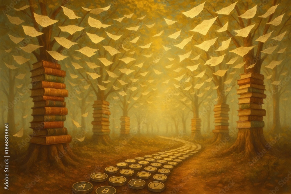 Poster an enchanting forest of books, where pages flutter like autumn leaves in a gentle breeze