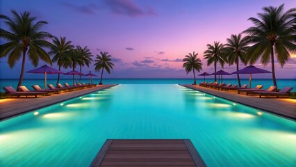 Infinity Pool Sunset Tropical Paradise. Vibrant Sunset Over Turquoise Pool. Silhouetted Palm Trees at Poolside.