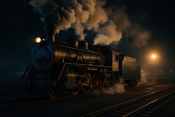 Fototapeta premium An enigmatic steam train journeys through the night, its silhouette illuminated by the soft glow of distant lights