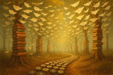 An enchanting forest of books, where pages flutter like autumn leaves in a gentle breeze