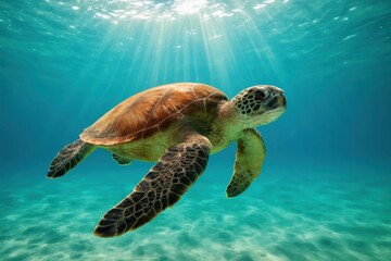 Fototapeta premium A solitary sea turtle gracefully swims through the crystal-clear waters of a tropical reef, its shell glistening under the sunlight filtering down from above