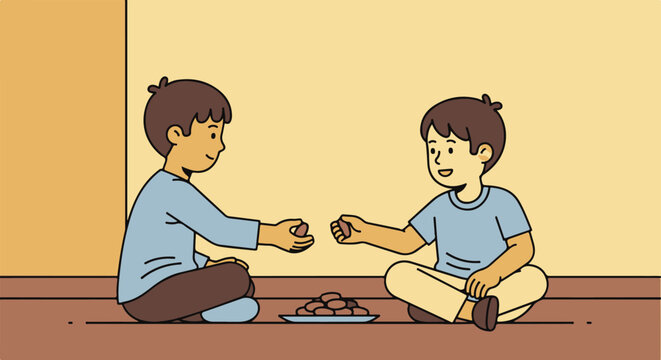 Two young boys in blue shirts sitting cross-legged on the floor playing rock-paper-scissors.