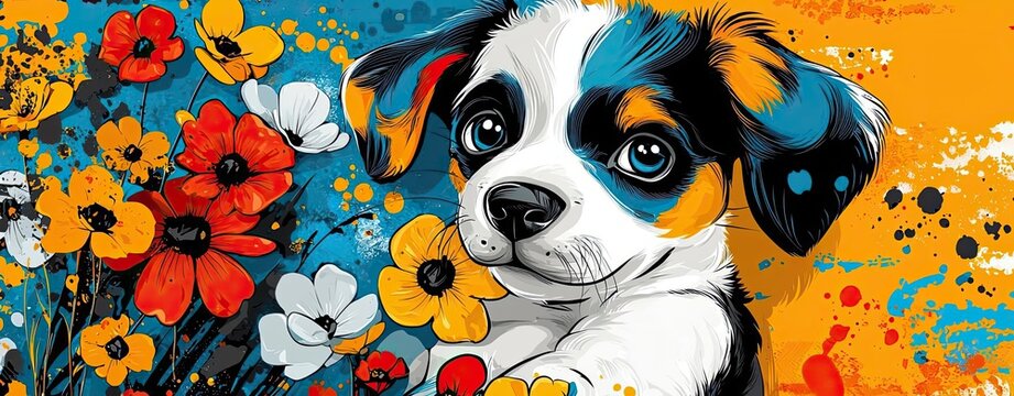 Puppy animation joyful, colorful pup vibrant illustration of a playful puppy surrounded by colorful flowers, evoking joy and whimsy in a bright artistic style. Perfect for pet lovers.
