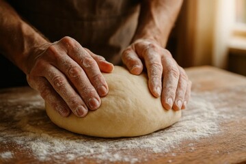 A baker's hands knead dough on a wooden table