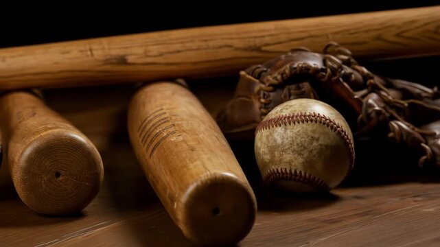 Vintage Baseball Equipment Close-Up - Close-up view of antique baseball bats, balls, and a glove resting on a dark wooden surface.  The worn condition of the equipment suggests age and history.