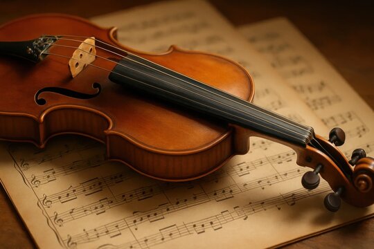 A Violin Rests on Classical Sheet Music