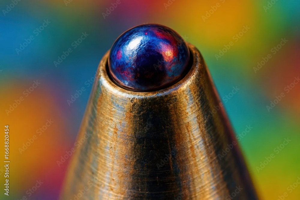 Poster a close-up of a metallic pen nib with a vibrant background, showcasing its reflective surface and in