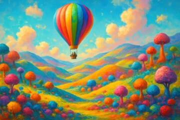 Obraz premium A Vibrant Hot Air Balloon Soars Over a Landscape of Colorful Mushrooms and Whimsical Trees