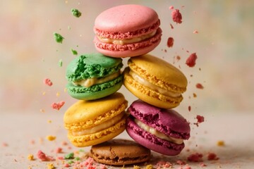Fototapeta premium A delightful stack of macarons in various colors, each bursting with a sweet surprise