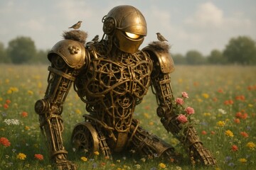 Amidst a field of vibrant flowers, a mechanical sentinel stands guard, its eyes reflecting the sunlight