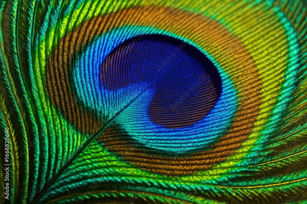 Poster a close-up of a peacock feather showcasing its intricate patterns and colors
