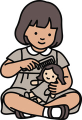 Young girl with brown bob haircut sitting cross-legged and combing her dolls hair.