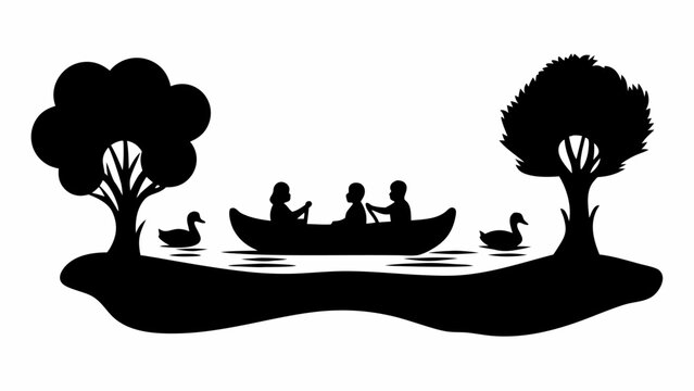 Silhouette of people in a canoe on a lake with trees and ducks creating a scenic nature scene view | editable eps vectors