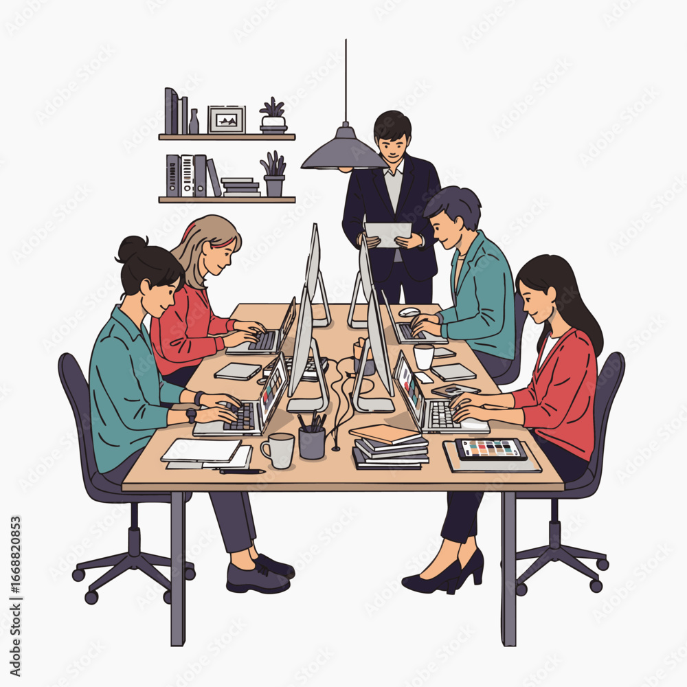 Poster a diverse team of professionals collaborates diligently at a modern office table, utilizing computer