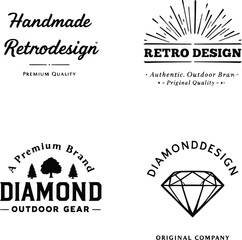 Obraz premium Retro and Outdoor Logo Vector Set – 4 Unique Designs Featuring Handmade, Diamond Gear, and Authentic Branding Themes