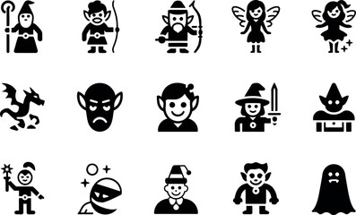 Fototapeta premium Fantasy Character Icons: Bold Black Glyph Style, Magical Mood