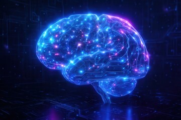 A futuristic brain made of interconnected circuitry glows with vibrant neon lights against a dark background