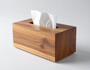 A Modern Wooden Tissue Box Holder with a Natural Wood Grain on white background 
