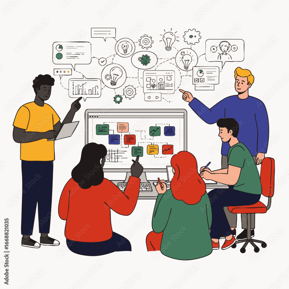 Aufkleber a diverse team of professionals effectively collaborates on a complex digital project, brainstorming