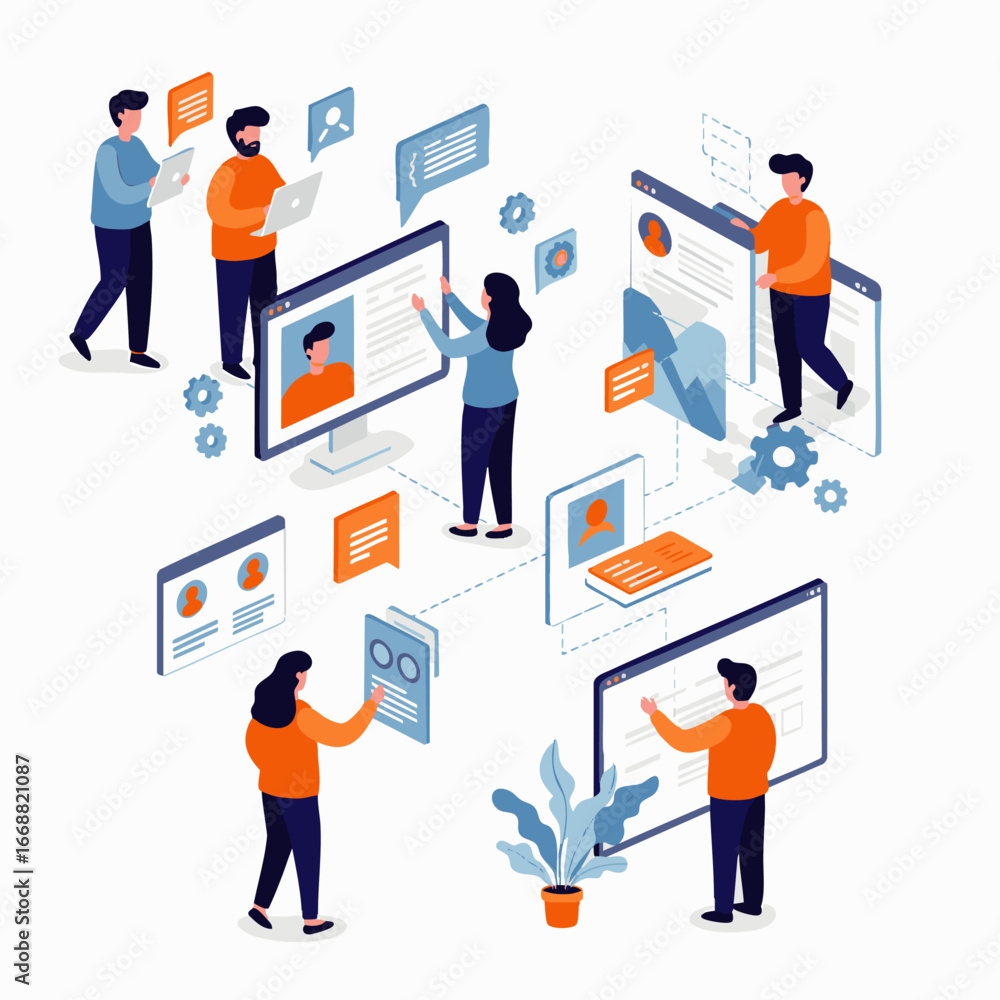 Poster a diverse team of professionals collaboratively manages digital content, analyzes data, and communic