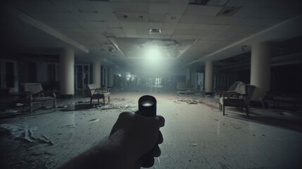 Abandoned hospital hall shown through first person perspective with a flashlight, broken ceiling, ruined furniture, dust and debris, cinematic post apocalyptic mood