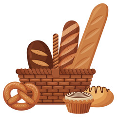 Basket with bread and pastry vector illustration isolated on white background