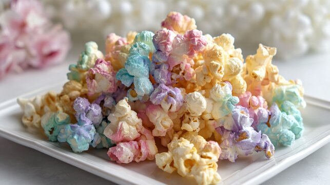 Pastel rainbow popcorn styled in ombre pattern on white tray