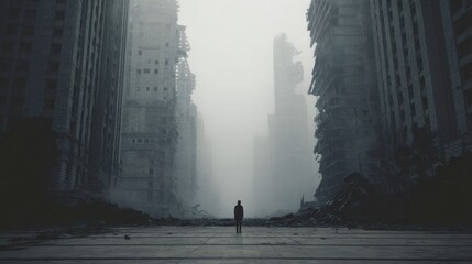 Lonely survivor standing between destroyed skyscrapers in fog, massive urban ruins, dramatic cinematic post apocalyptic atmosphere