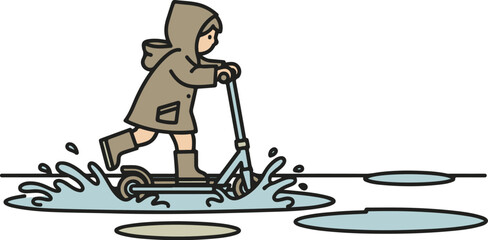 Illustrated child in a brown raincoat and boots riding a kick scooter through a puddle, creating a splash.