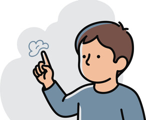 Cartoon boy with brown hair in a blue shirt pointing his index finger at a puff of smoke.