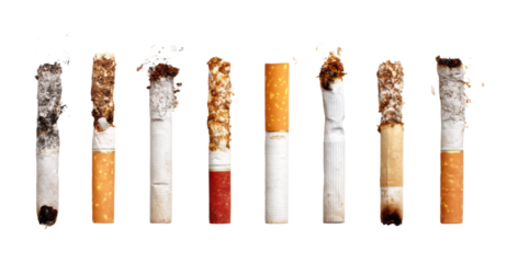 Cigarette remnants displayed urban environment series tobacco use impact isolated on transparent background, png