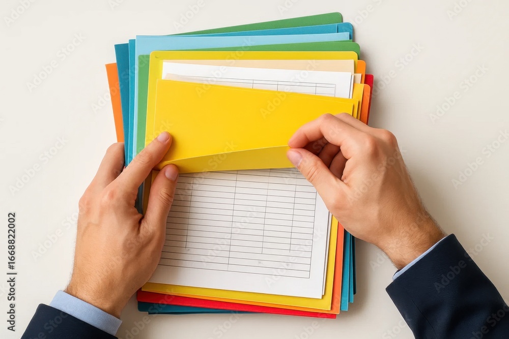 Aufkleber a close-up of hands sorting through colorful files on a white surface