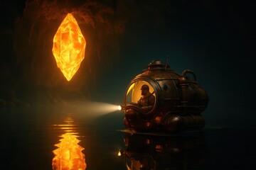 An underwater exploration vessel illuminated by a glowing crystal in a mysterious, dark cave