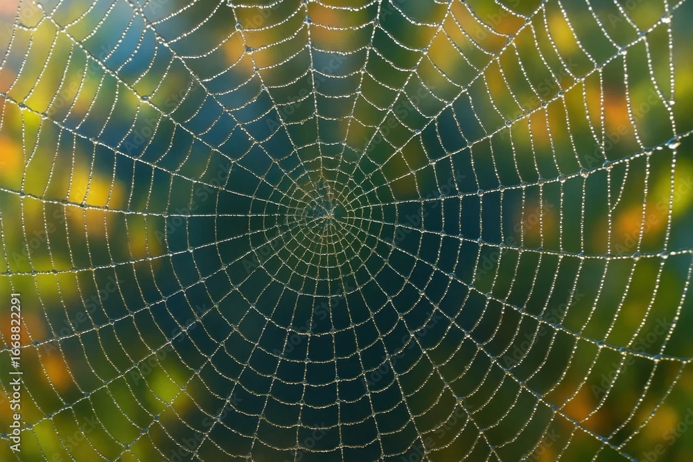 Poster a macro shot capturing the intricate details of a spider's web, draped with water droplets that add 