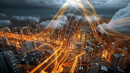 An abstract aerial view of a cityscape with glowing golden lines overlaying the buildings beneath a cloudy sky - Powered by Adobe