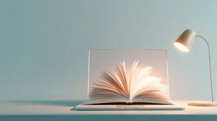 Open book displayed on transparent laptop with desk lamp, symbol of modern education and digital learning