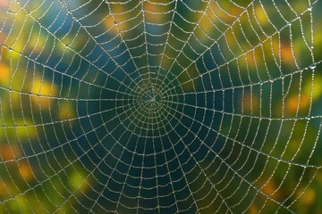 A macro shot capturing the intricate details of a spider's web, draped with water droplets that add an ethereal quality to this natural masterpiece